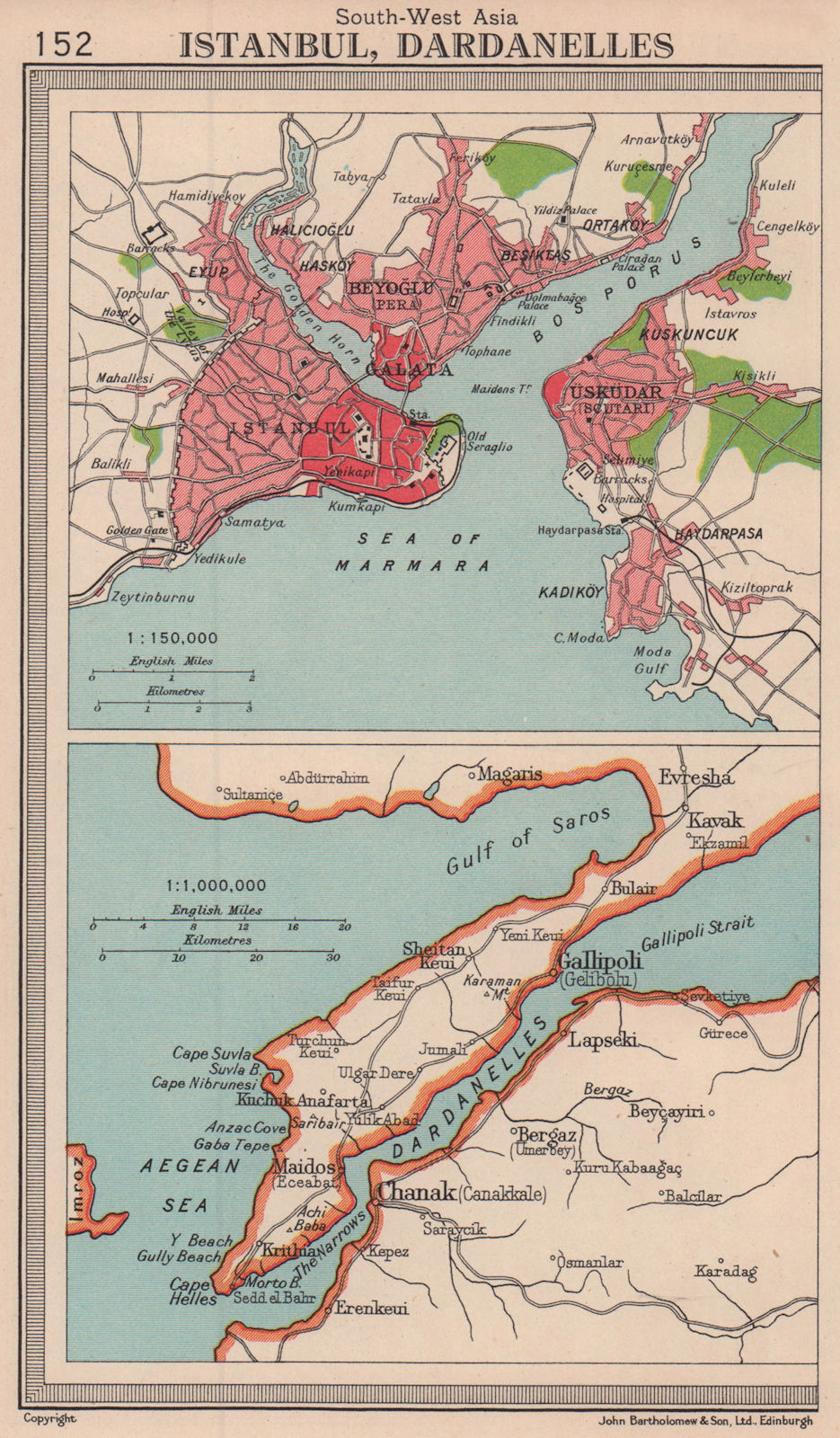 Istanbul city sketch plan & Dardanelles. Turkey. BARTHOLOMEW 1949 old map