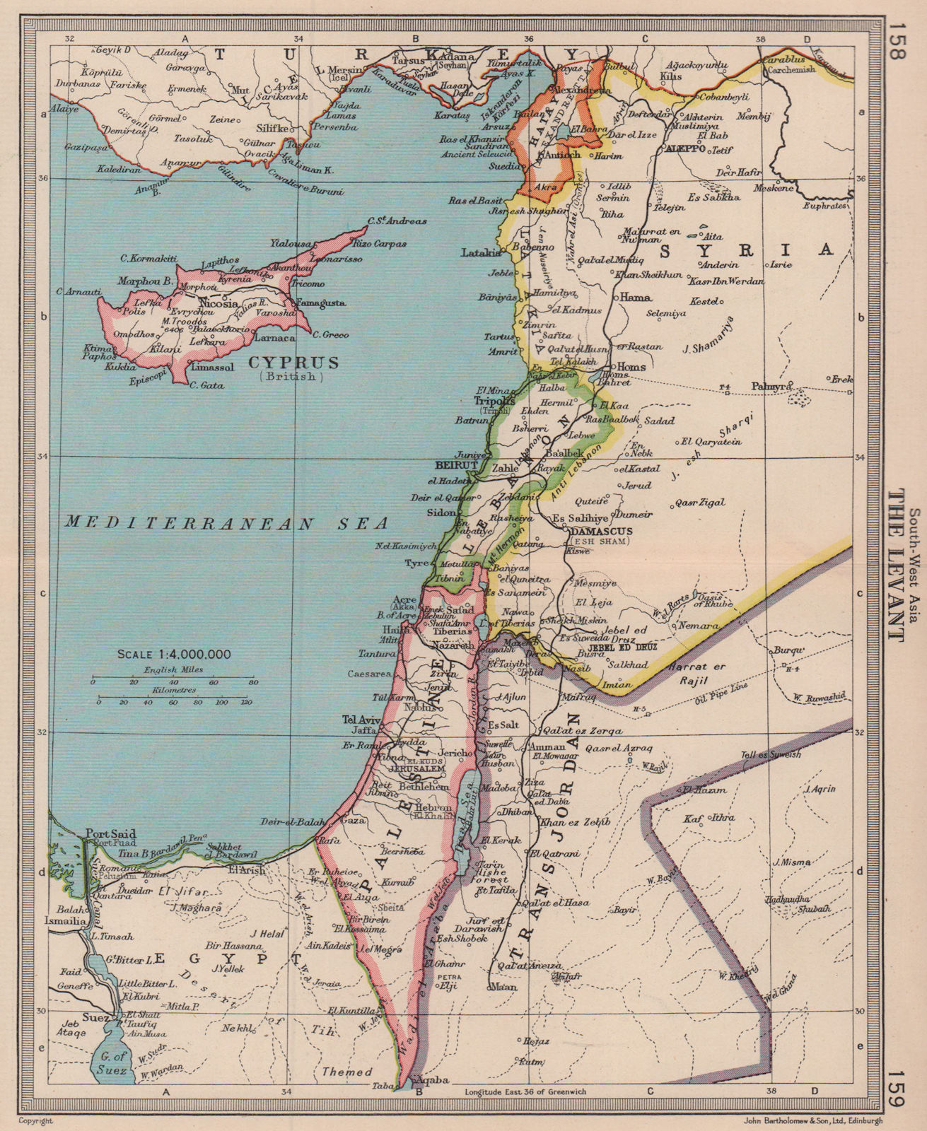 The Levant. Palestine Lebanon Transjordan Syria Cyprus. BARTHOLOMEW 1949 map