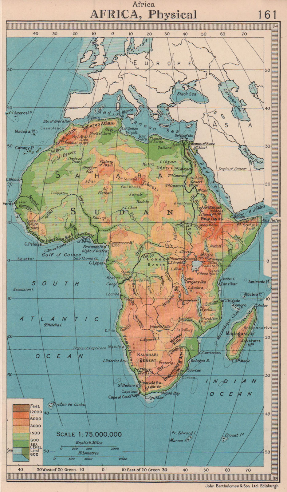 Africa Physical. BARTHOLOMEW 1949 old vintage map plan chart