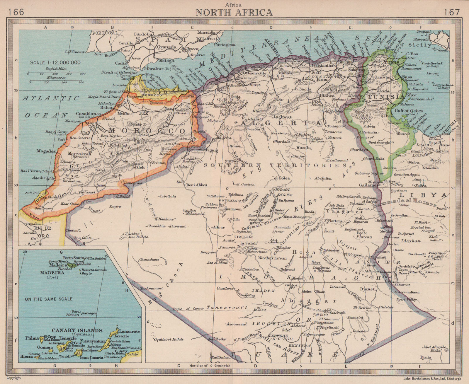 Spanish Morocco Ifni Algeria Tunisia Canary Islands Madeira BARTHOLOMEW 1949 map