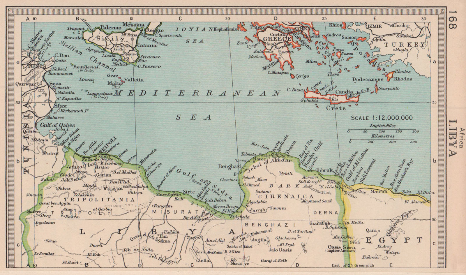 Libya coast & central Mediterranean. BARTHOLOMEW 1949 old vintage map chart