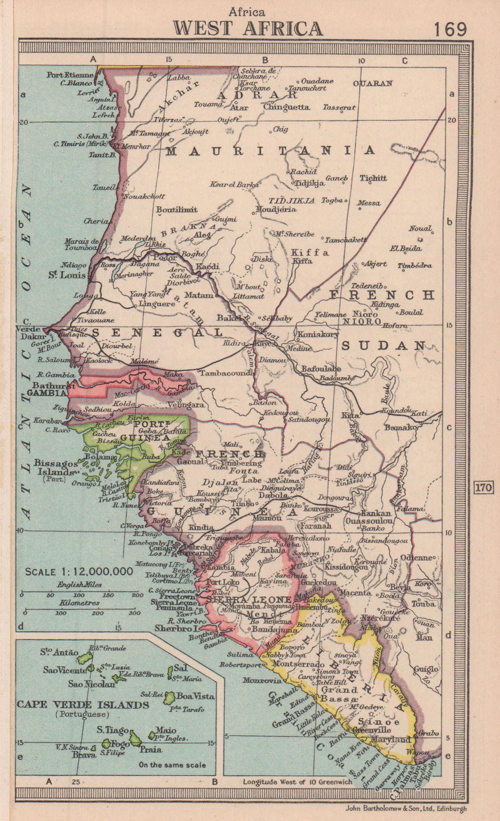 West Africa. French Sudan Liberia Portuguese Guinea. BARTHOLOMEW 1949 old map