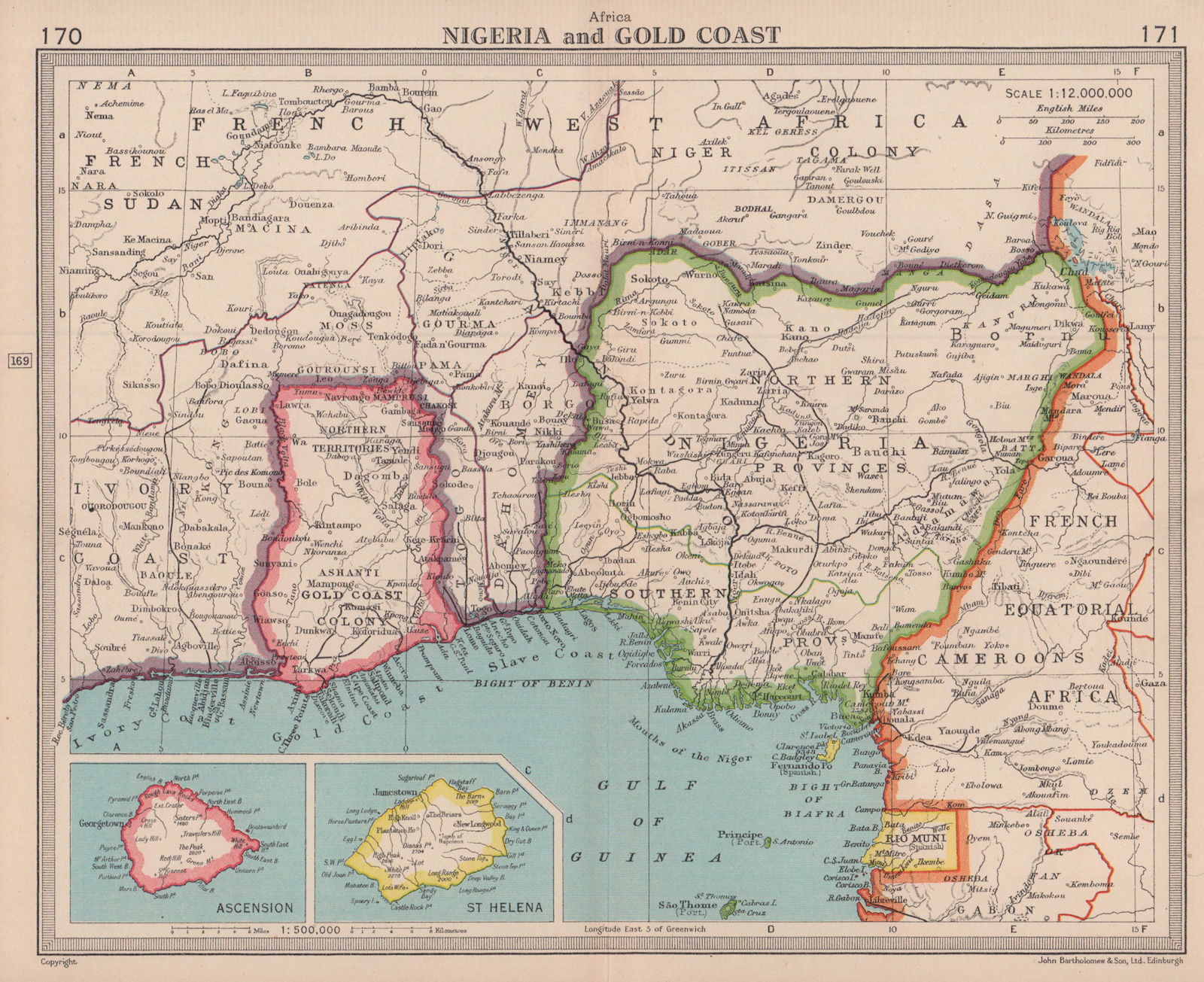 Nigeria & Gold Coast. Ghana. Ascension Island. St. Helena. Rio Muni 1949 map