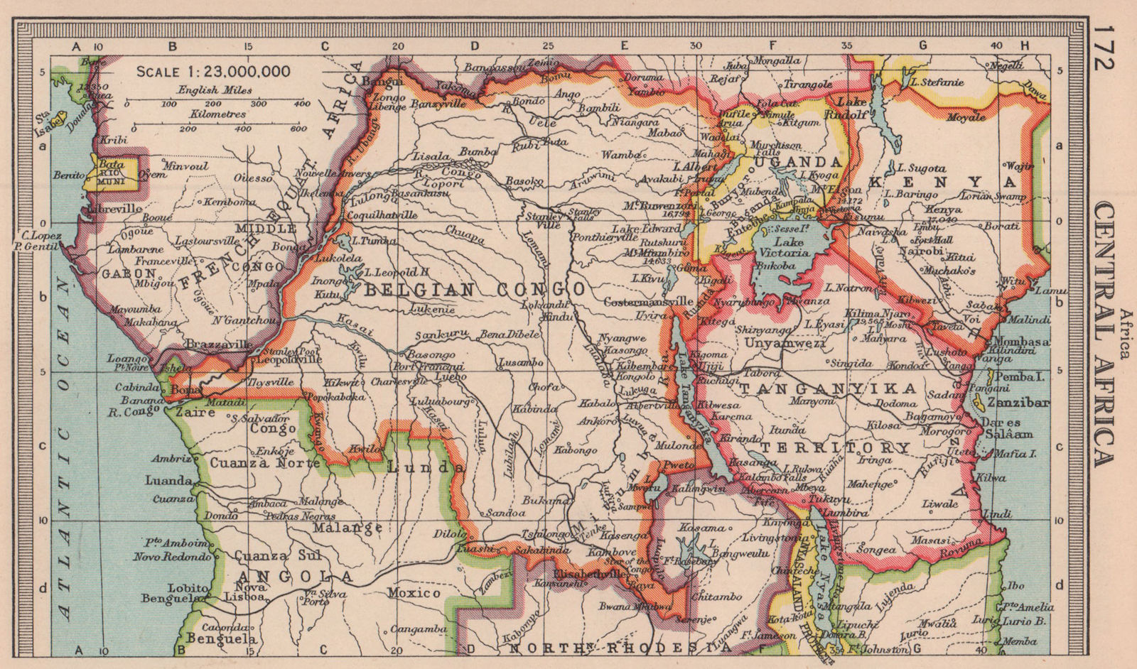 Central Africa. Belgian Congo Tanganyika Kenya Tanzania Rio Muni 1949 old map