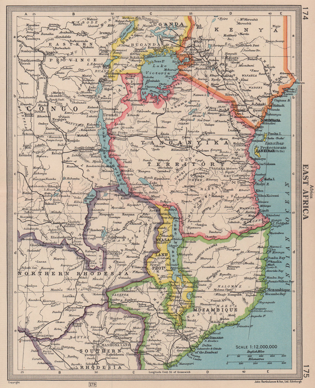 East Africa Tanganyika Tanzania Rhodesia Mozambique. BARTHOLOMEW 1949 old map