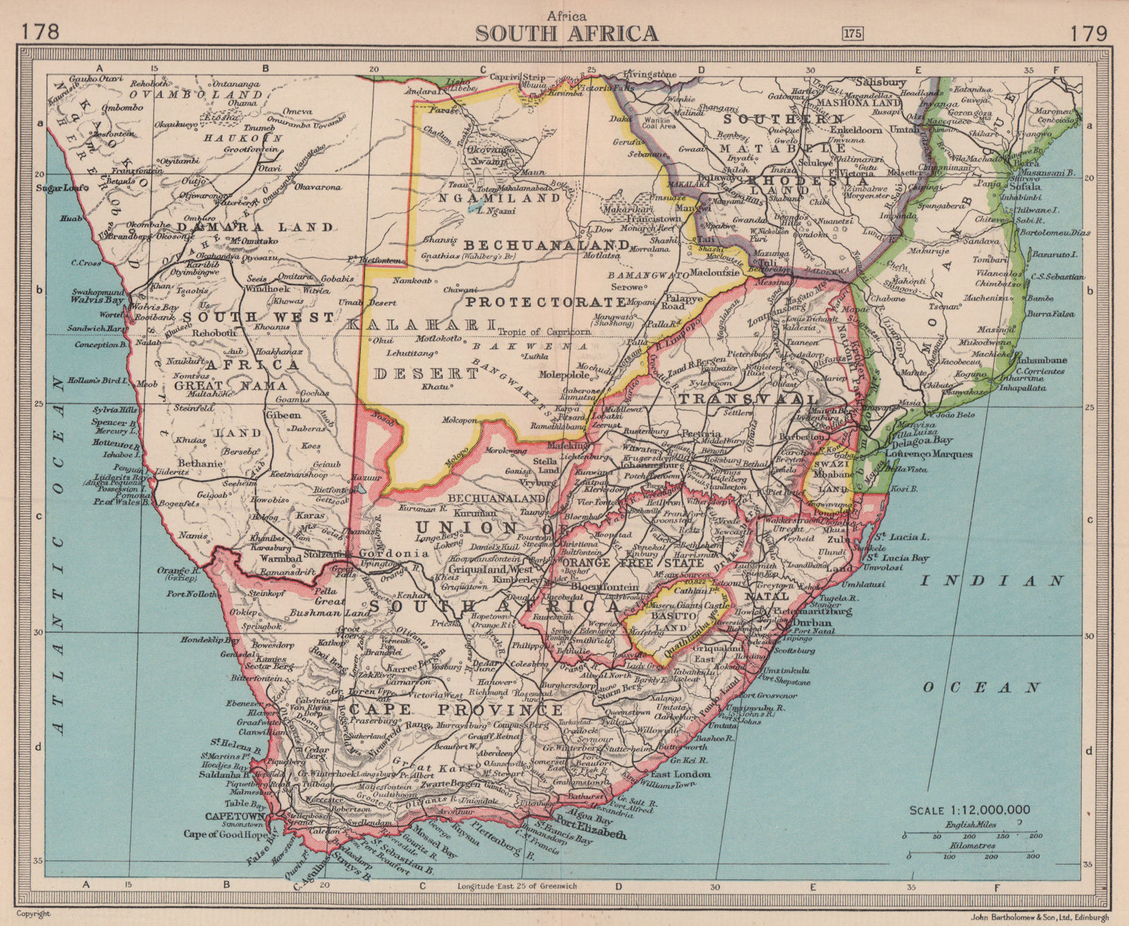 South Africa & Bechuanaland Protectorate. Botswana. BARTHOLOMEW 1949 old map
