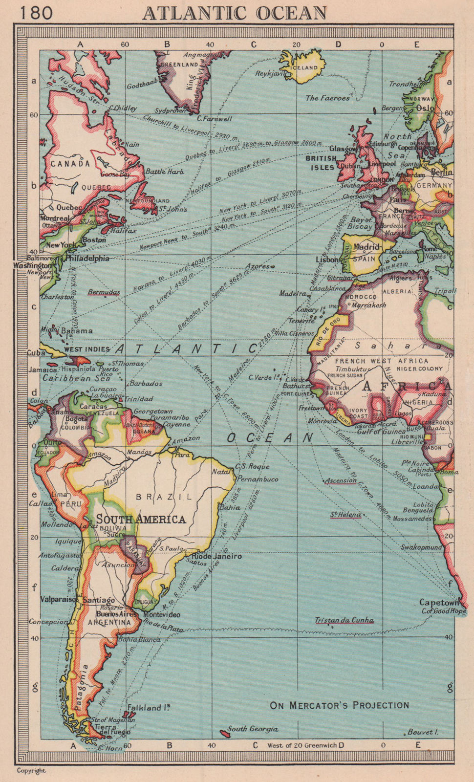 Atlantic Ocean trade routes. BARTHOLOMEW 1949 old vintage map plan chart