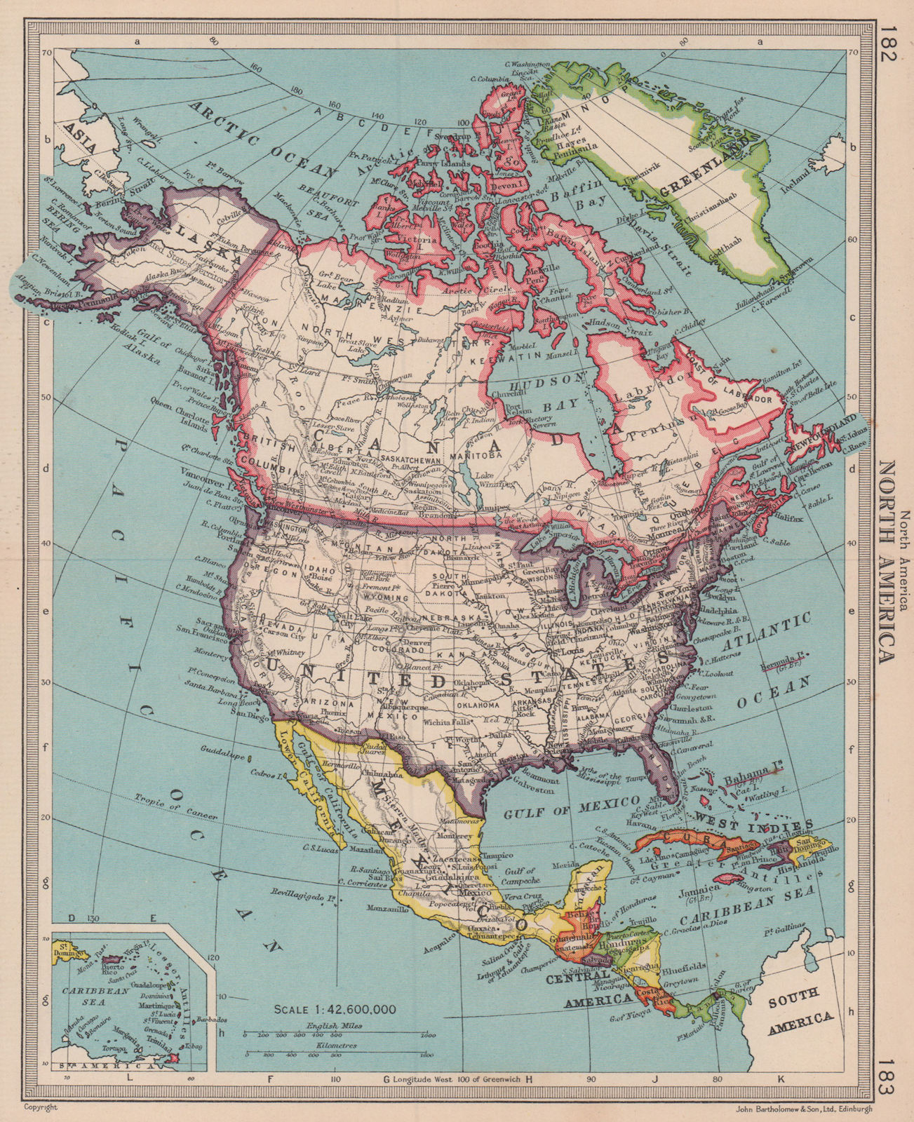 North America. USA United States Canada Mexico Greenland. BARTHOLOMEW 1949 map