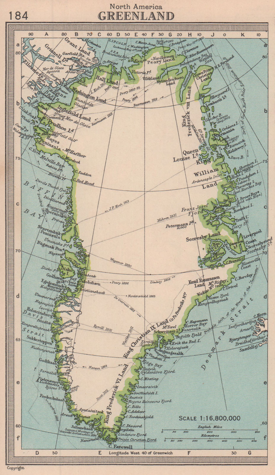 Greenland showing explorers' routes. BARTHOLOMEW 1949 old vintage map chart