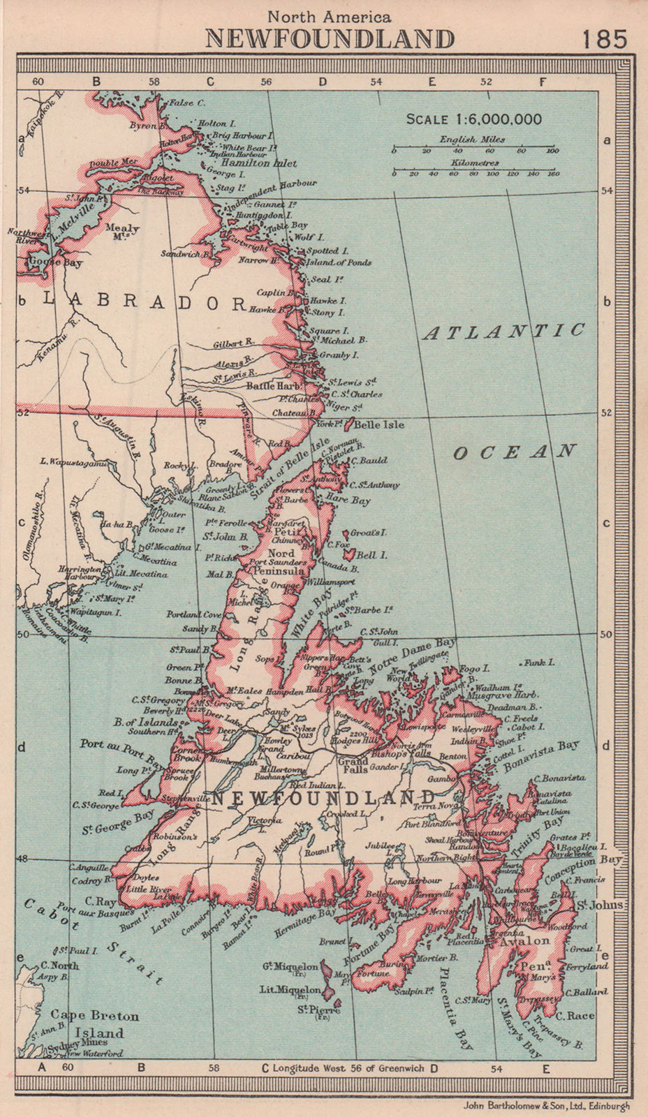 Newfoundland. Canada. BARTHOLOMEW 1949 old vintage map plan chart
