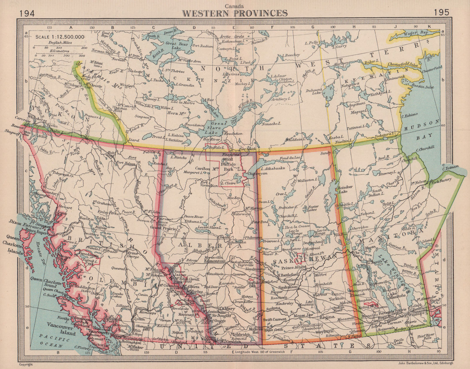 Canada Western Provinces. British Columbia Alberta SK MB. BARTHOLOMEW 1949 map