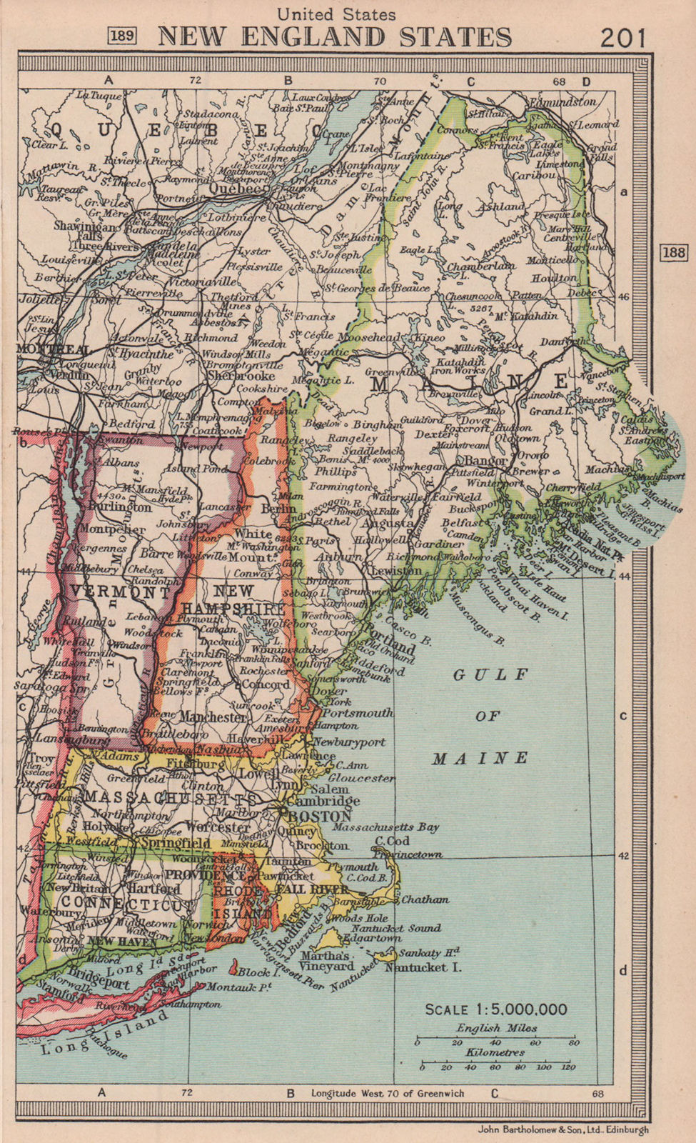 New England States. Maine MA NH VT CT RI. BARTHOLOMEW 1949 old vintage map