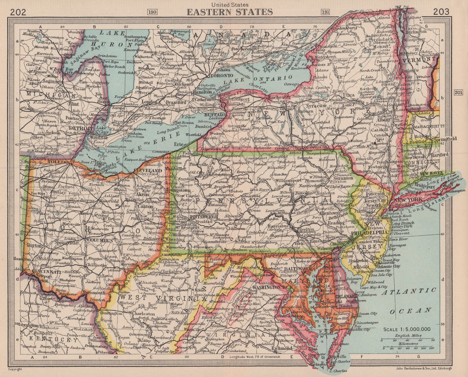 Eastern United States. USA. Ohio NY WV MD Pennsylvania. BARTHOLOMEW 1949 map