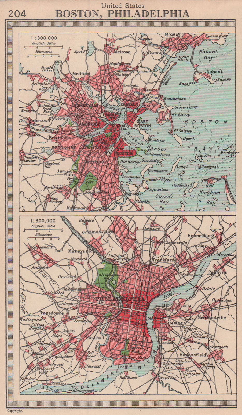 Boston & Philadelphia environs plans. BARTHOLOMEW 1949 old vintage map chart