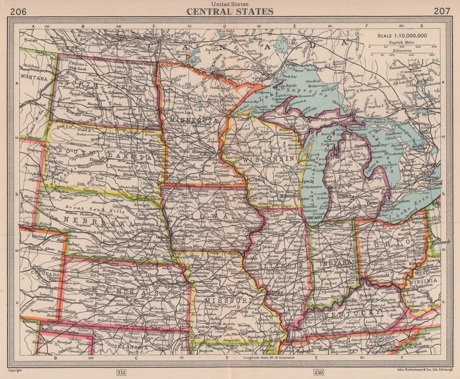 United States Central states. Midwestern USA. BARTHOLOMEW 1949 old vintage map