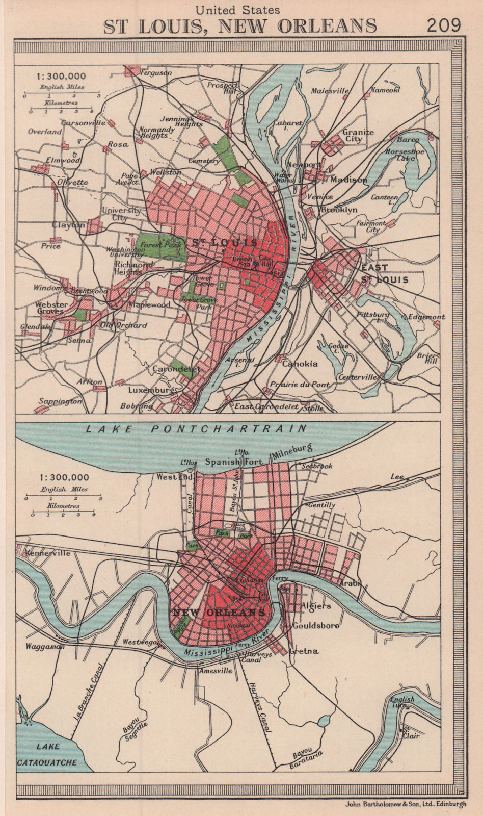 Mississippi cities. St. Louis & New Orleans. BARTHOLOMEW 1949 old vintage map