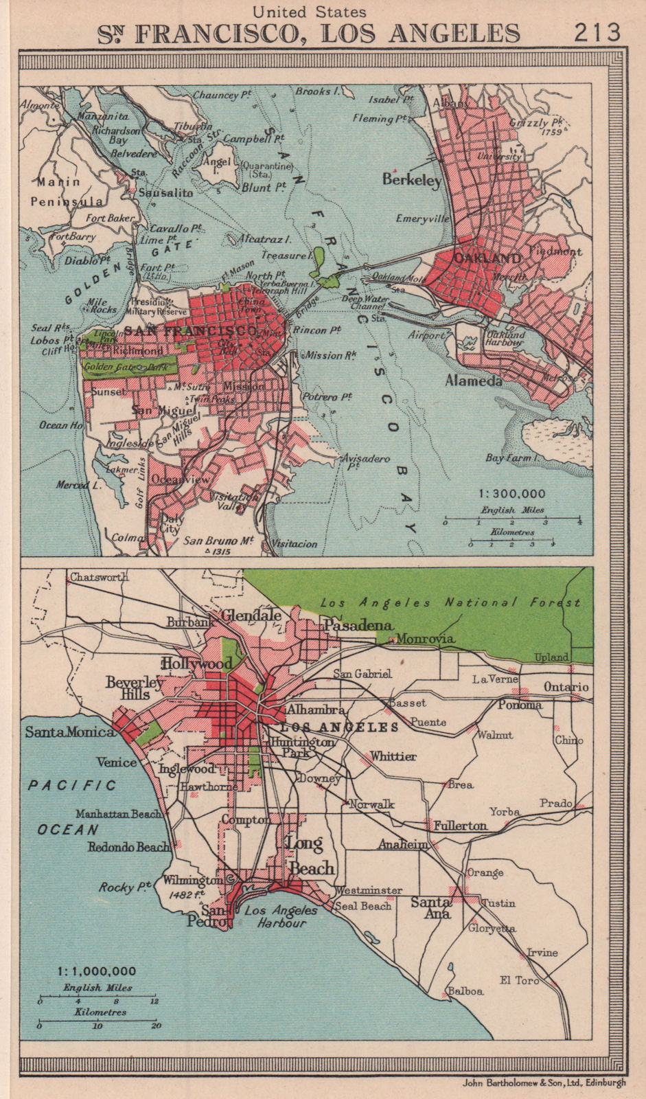 California cities. San Francisco & Los Angeles. BARTHOLOMEW 1949 old map