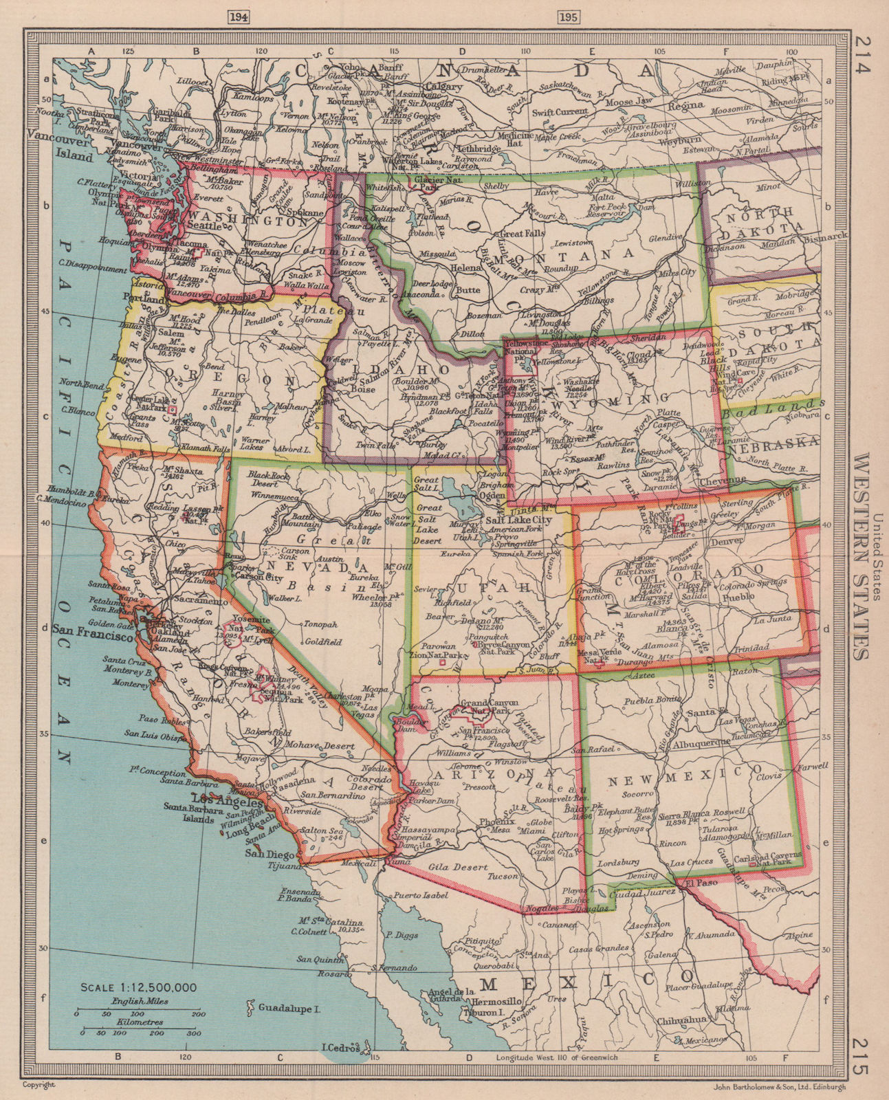United States Western States. Western USA. BARTHOLOMEW 1949 old vintage map