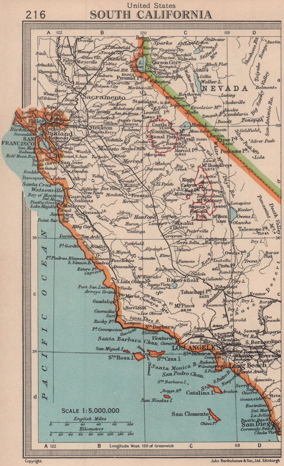 Southern California. BARTHOLOMEW 1949 old vintage map plan chart