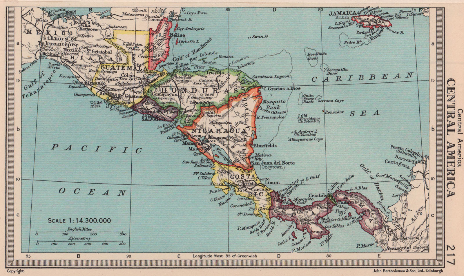 Central America. Honduras Panama Costa Rica Nicaragua. BARTHOLOMEW 1949 map