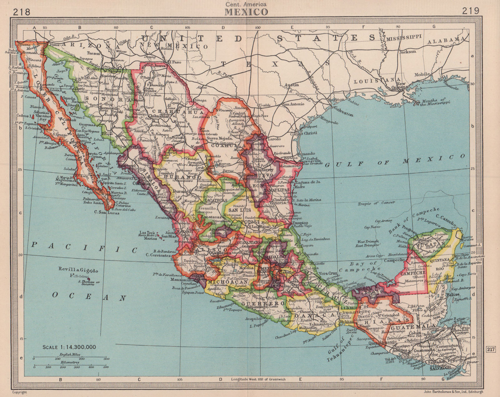 Mexico. BARTHOLOMEW 1949 old vintage map plan chart