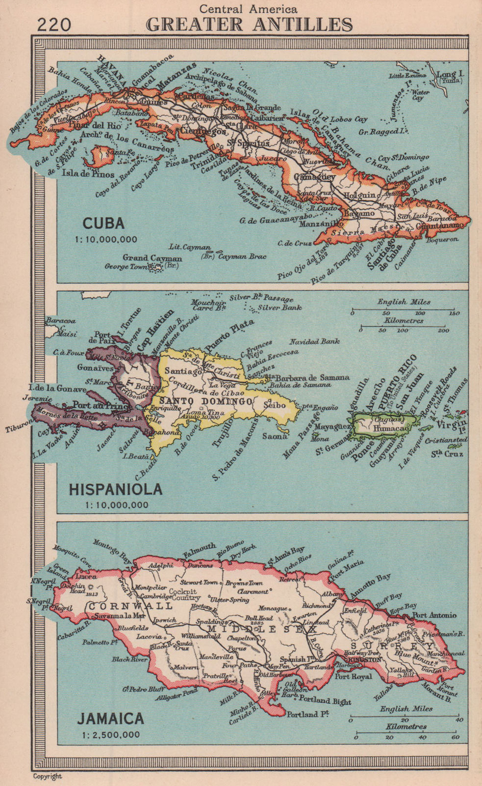 Greater Antilles. Jamaica Cuba Hispaniola. West Indies. BARTHOLOMEW 1949 map