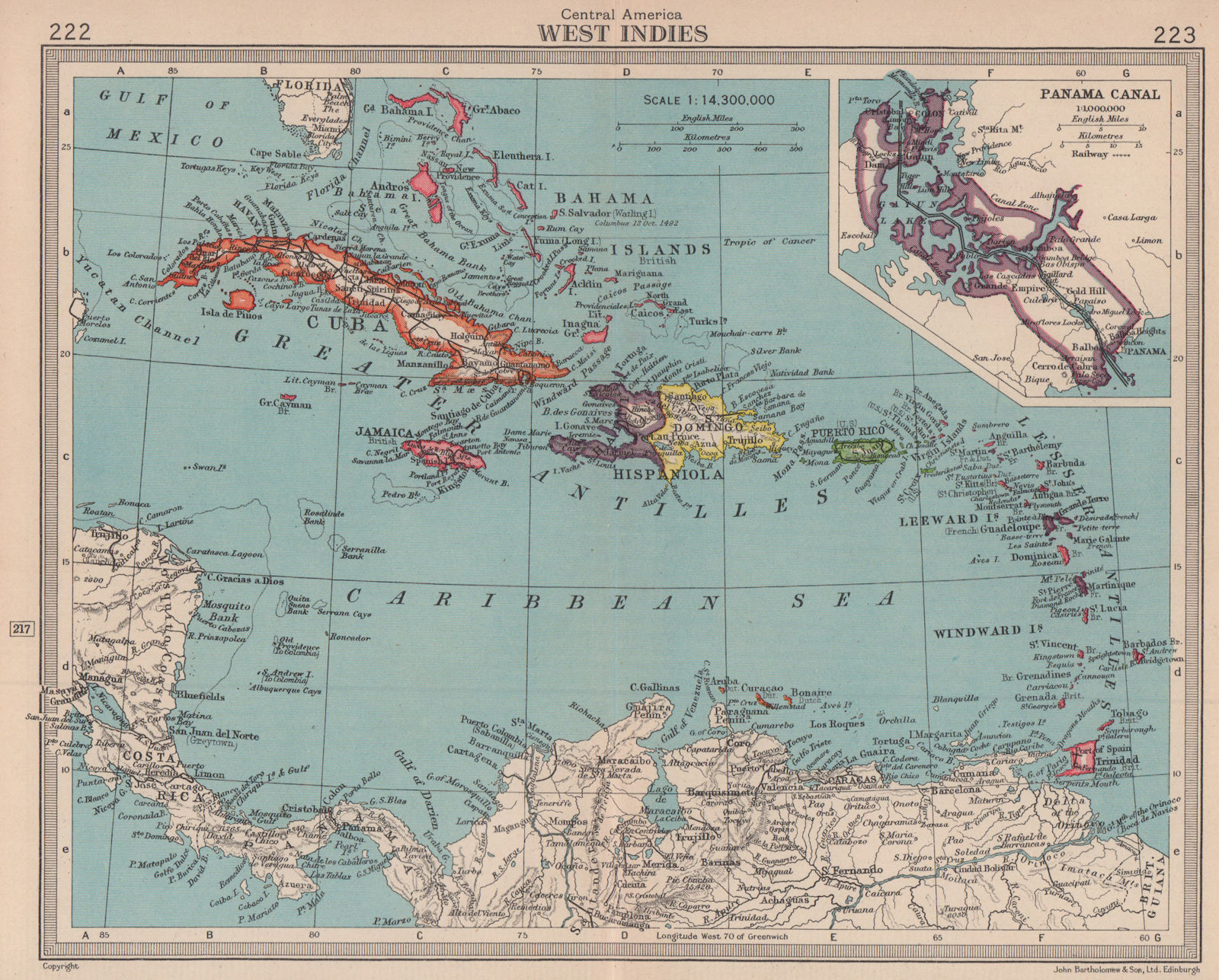 West Indies & Panama Canal. BARTHOLOMEW 1949 old vintage map plan chart