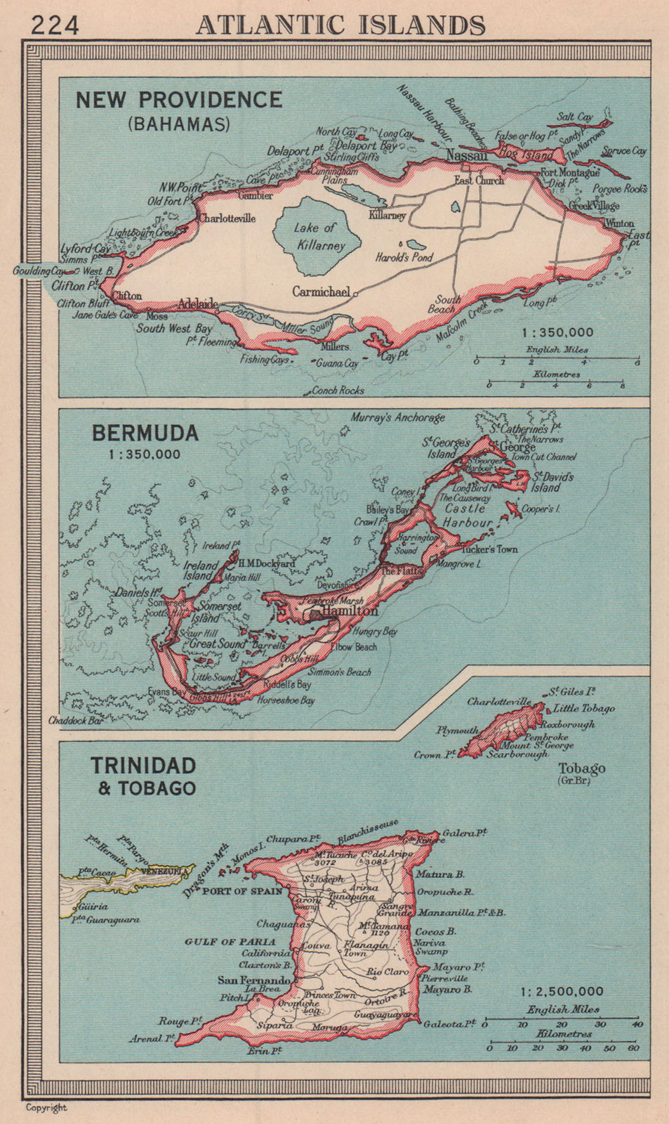 New Providence, Bahamas. Bermuda. Trinidad Tobago. BARTHOLOMEW 1949 old map