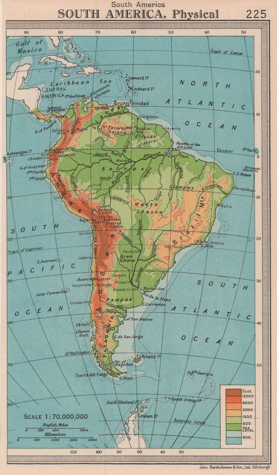 South America - Physical. BARTHOLOMEW 1949 old vintage map plan chart