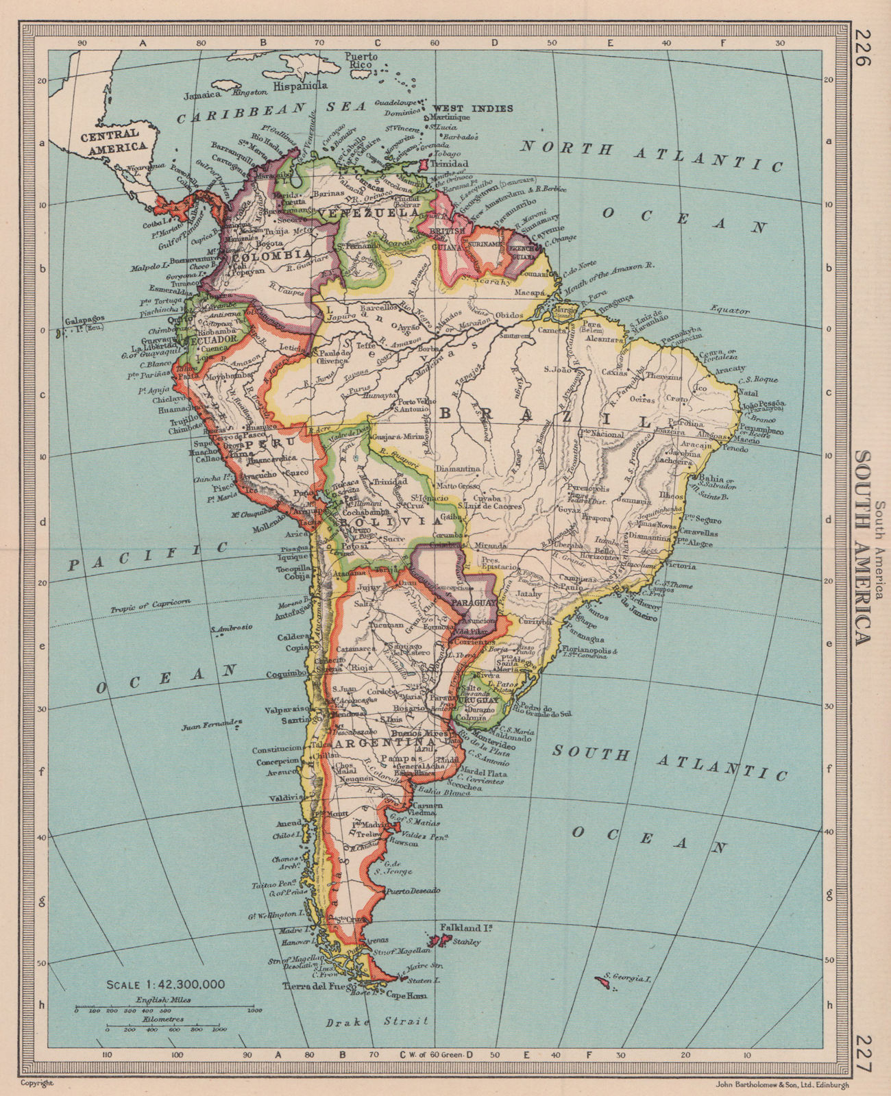 South America - Political. BARTHOLOMEW 1949 old vintage map plan chart
