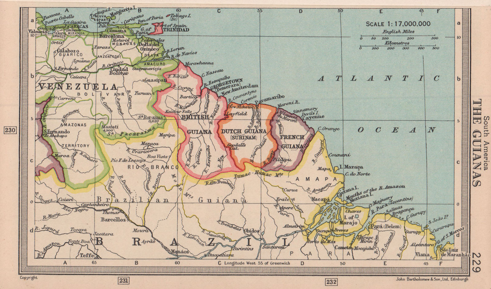 The Guianas. British, French Guyana & Suriname. BARTHOLOMEW 1949 old map