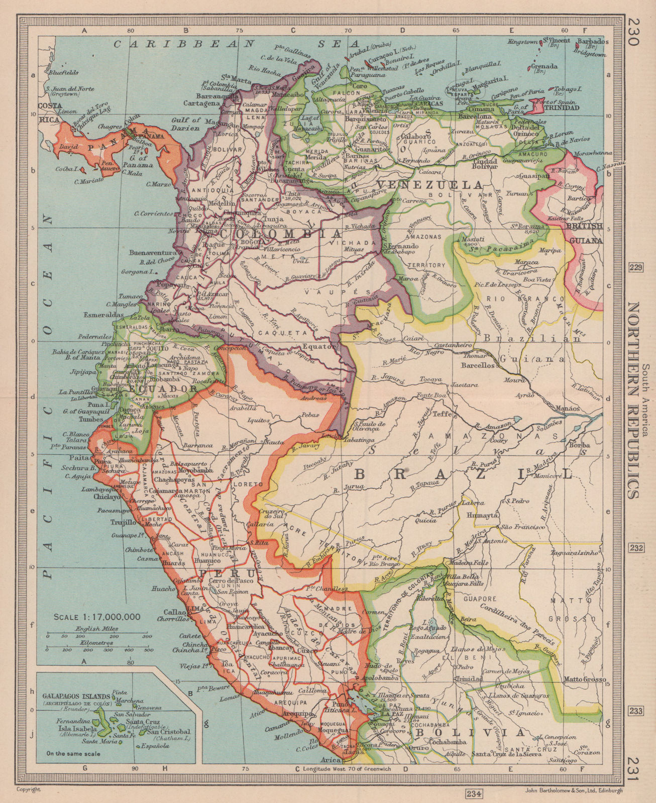 Peru Ecuador Colombia Venezuela Amazonia. Andean States. BARTHOLOMEW 1949 map