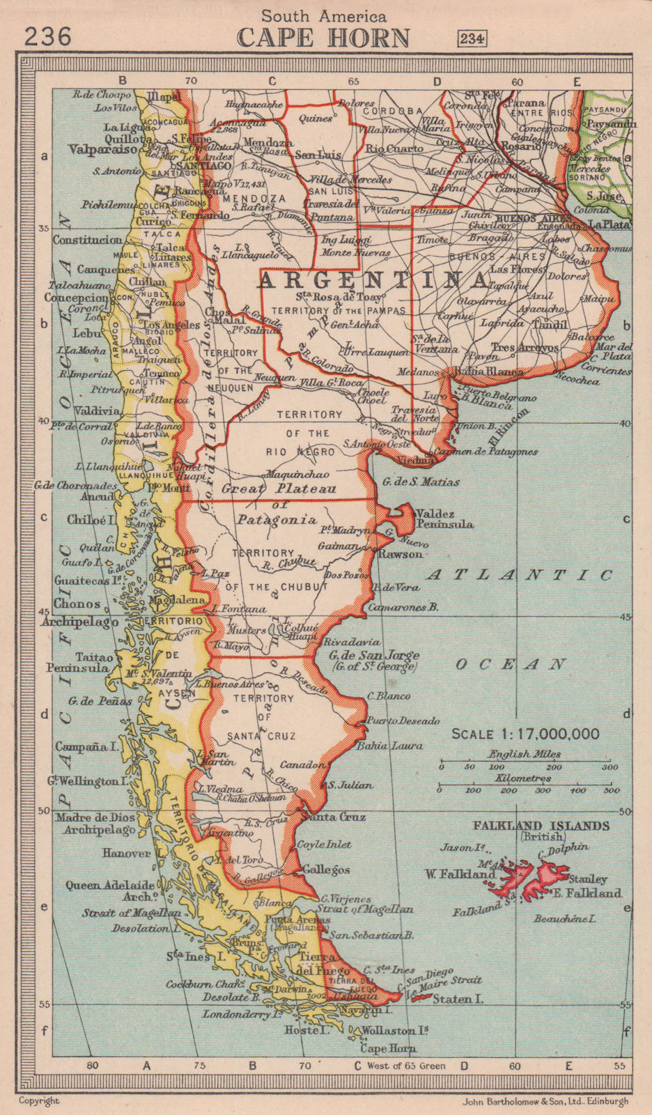Cape Horn. Argentina & Chile. Patagonia. BARTHOLOMEW 1949 old vintage map