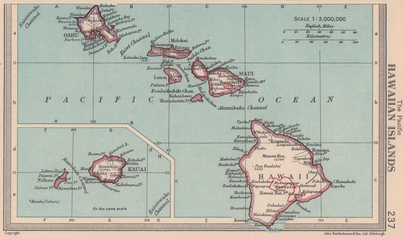 Hawaiian Islands. Maui Oahu Kauai. BARTHOLOMEW 1949 old vintage map plan chart