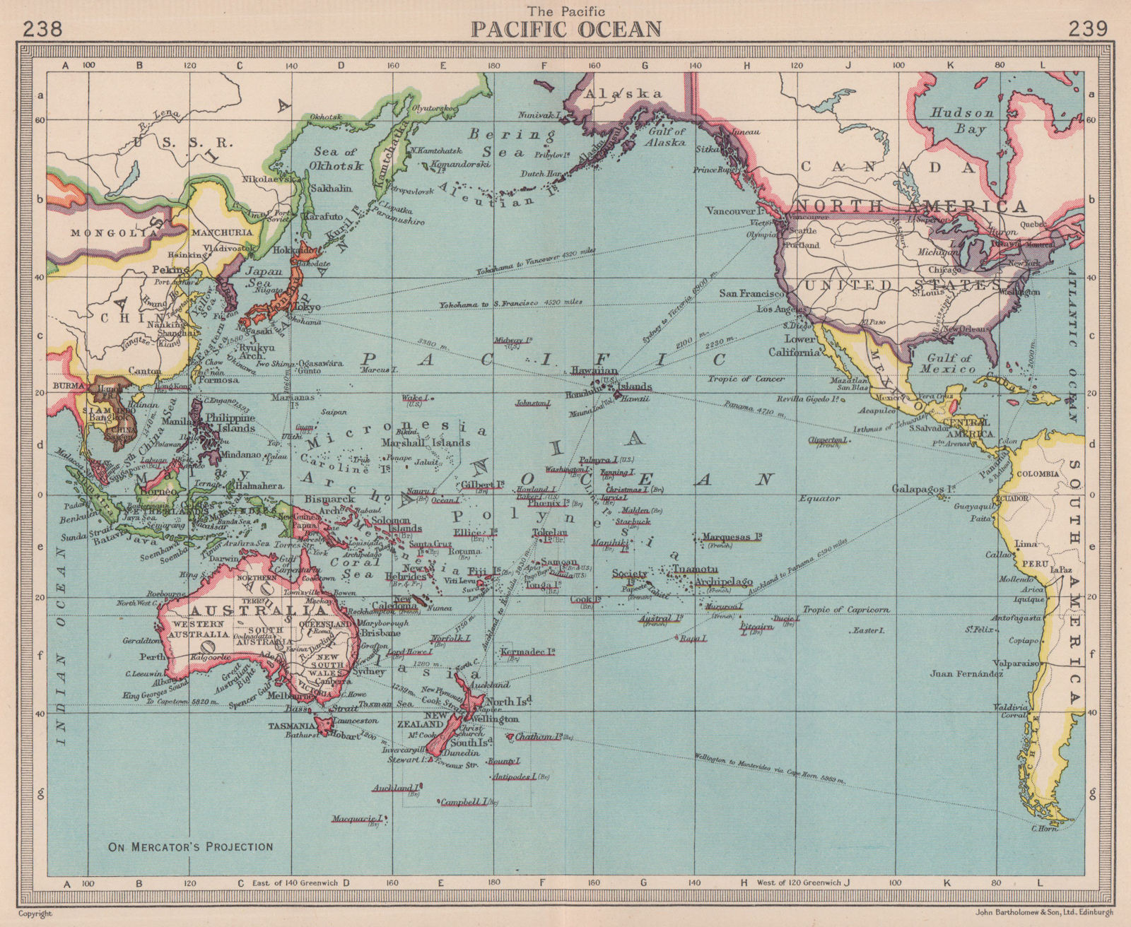 Pacific Ocean. BARTHOLOMEW 1949 old vintage map plan chart