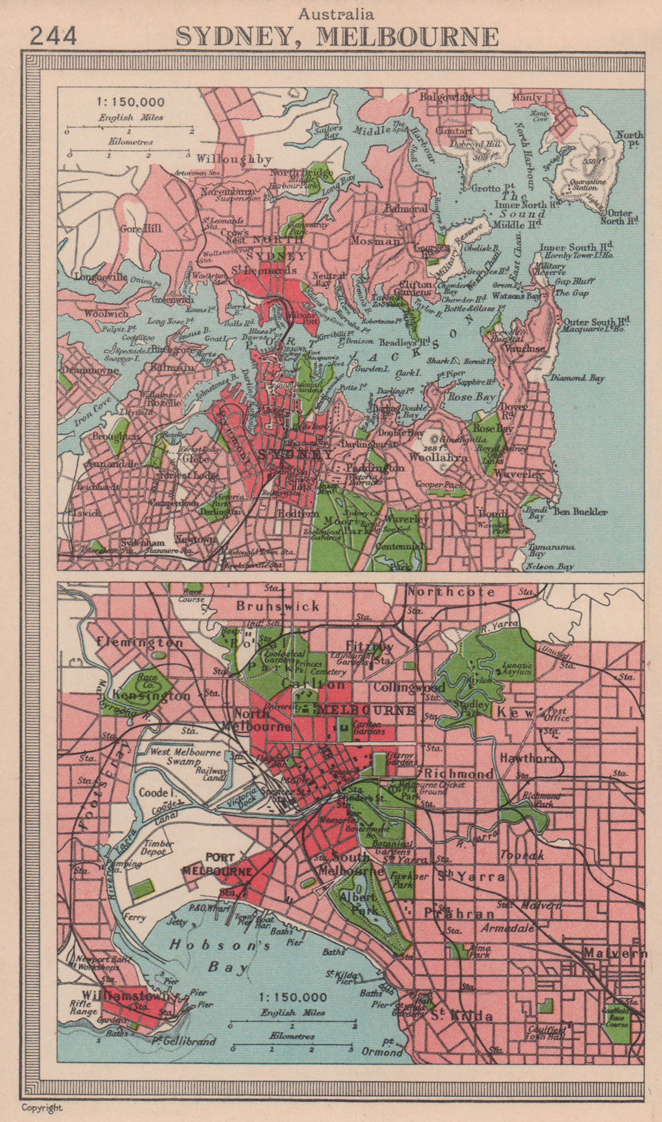 Australia cities. Sydney, Melbourne. BARTHOLOMEW 1949 old vintage map chart