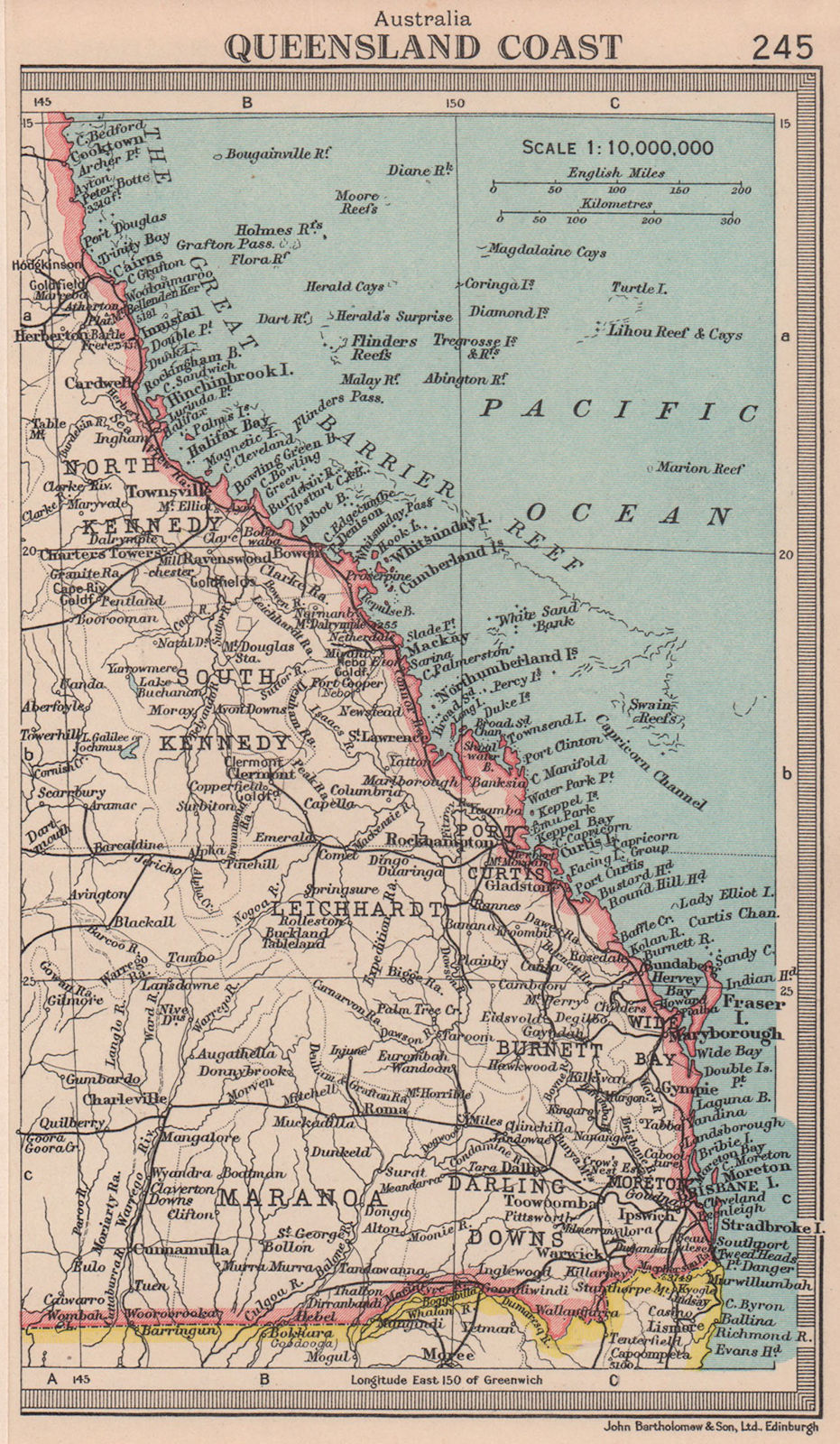 Queensland Coast. Cairns Brisbane. Australia. BARTHOLOMEW 1949 old vintage map