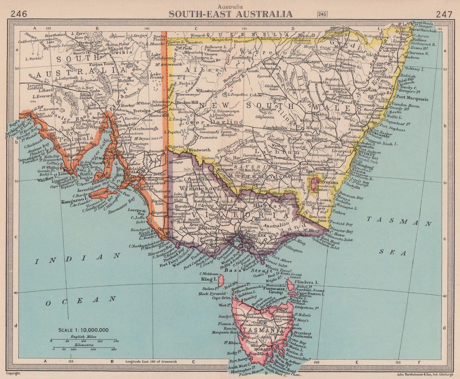 South East Australia. Victoria Tasmania New South Wales. BARTHOLOMEW 1949 map