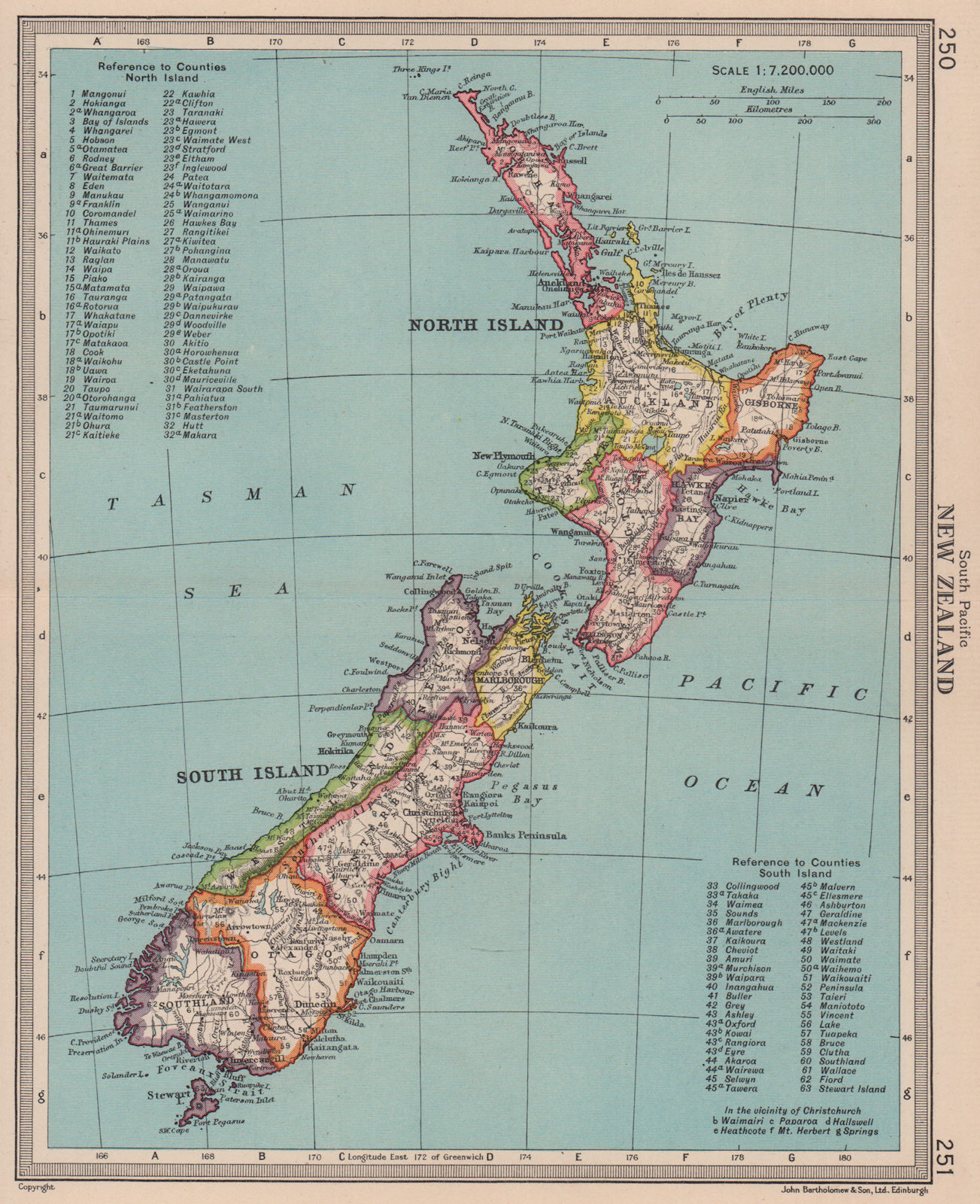 New Zealand in counties/provinces. BARTHOLOMEW 1949 old vintage map plan chart