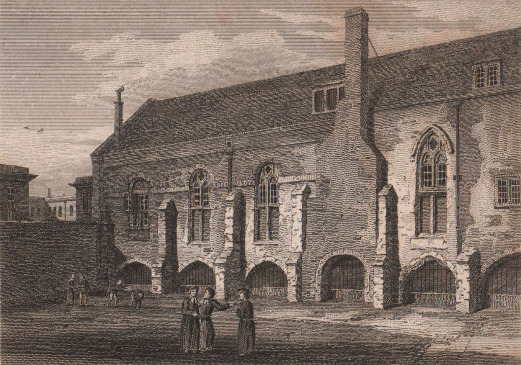 Grey Friars Monastery or Christ's Hospital London. Antique print 1817