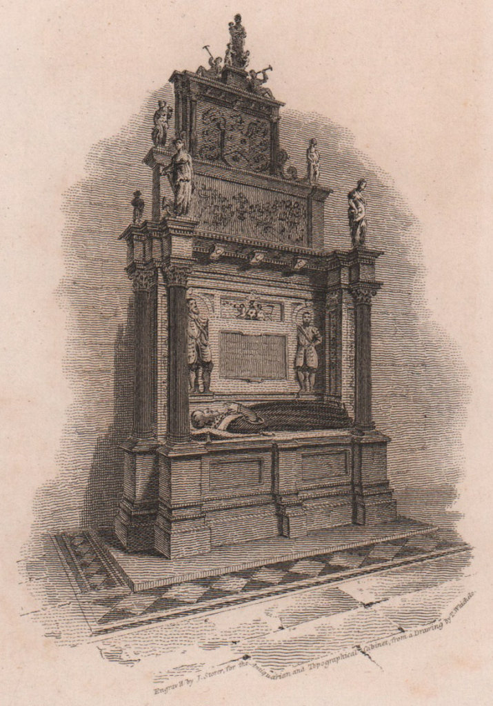 Sutton's Tomb, The Charterhouse, London. Antique engraved print 1817 old