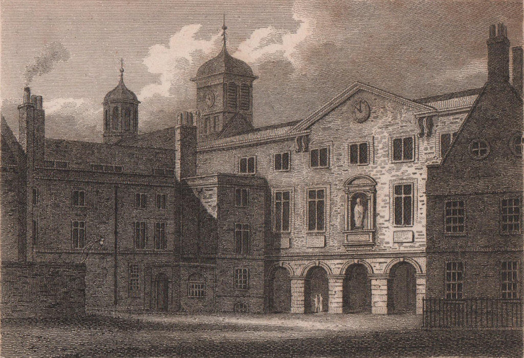 The Writing School & Christ's Hospital, Newgate, London. Antique print 1817