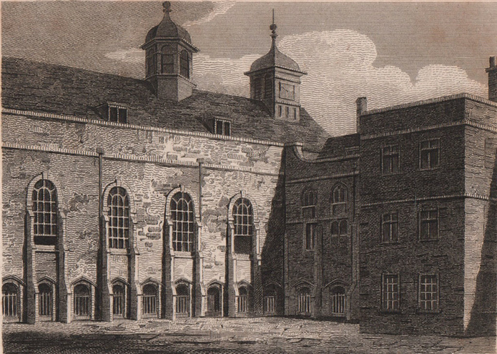 The Hall of Christ's Hospital, Newgate, London. Antique engraved print 1817