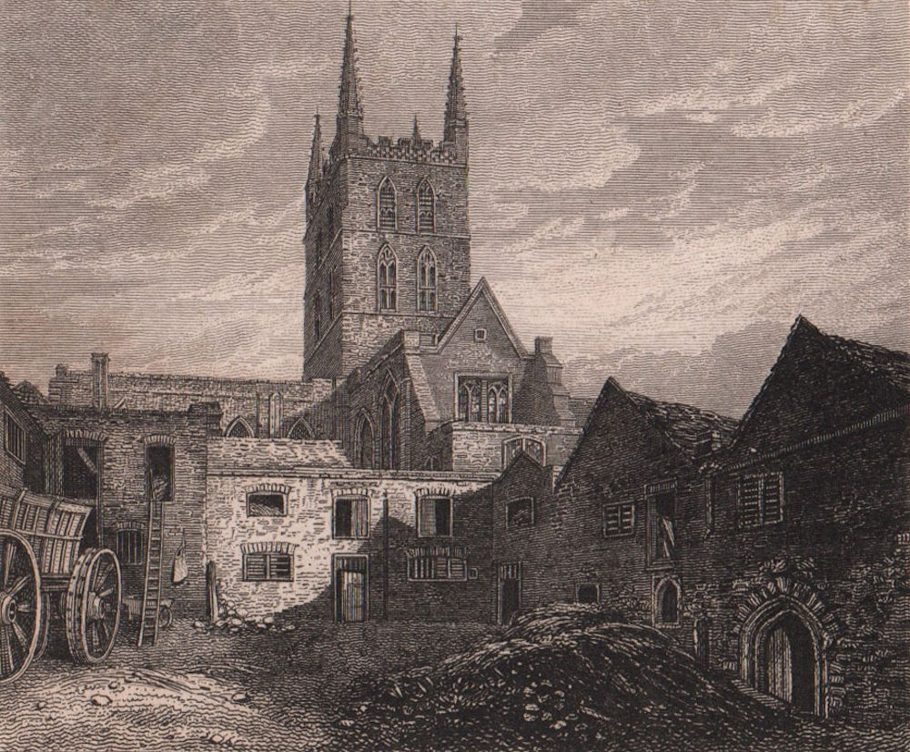 St. Mary Overie Church, Southwark Cathedral, London. Antique engraved print 1817