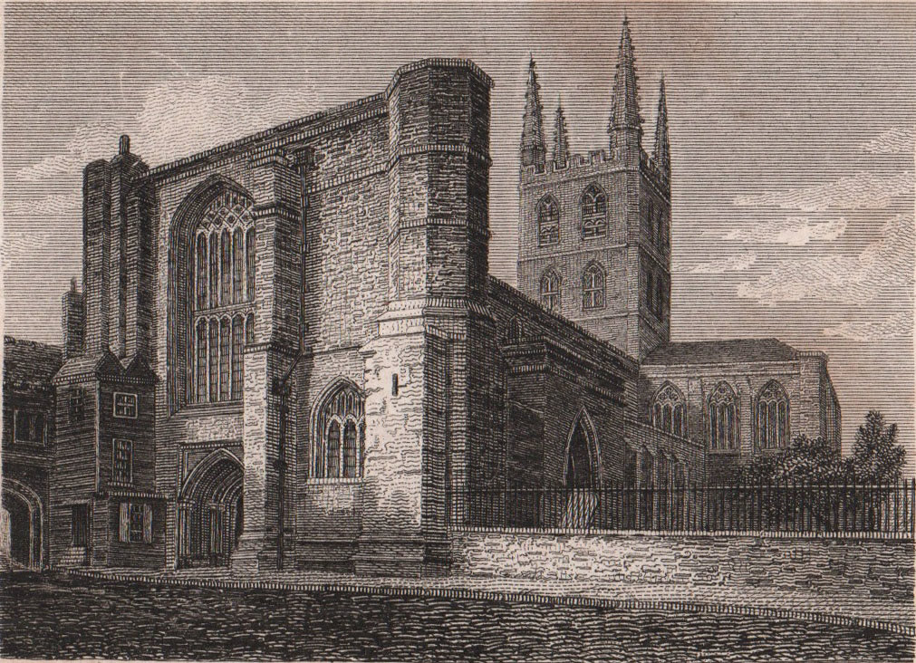 West end, St. Mary Overie Church, Southwark Cathedral. Antique print 1817