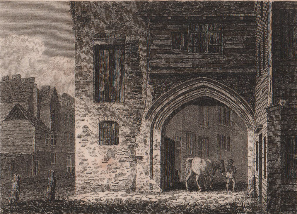 Ancient gateway, Southwark, London. Antique engraved print 1817 old