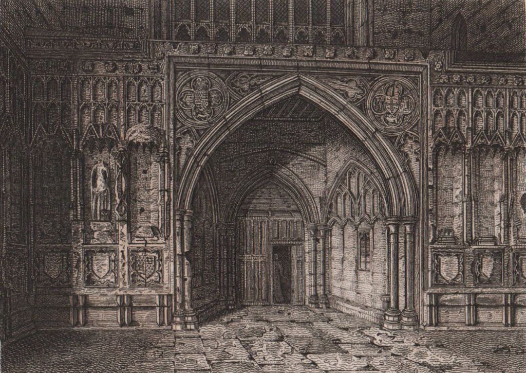 Entrance to Westminster Hall, London. Antique engraved print 1817 old