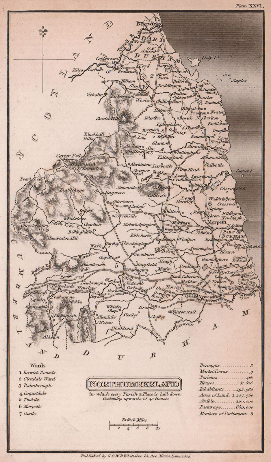 Northumberland antique copperplate county map by Benjamin Pitts Capper 1825