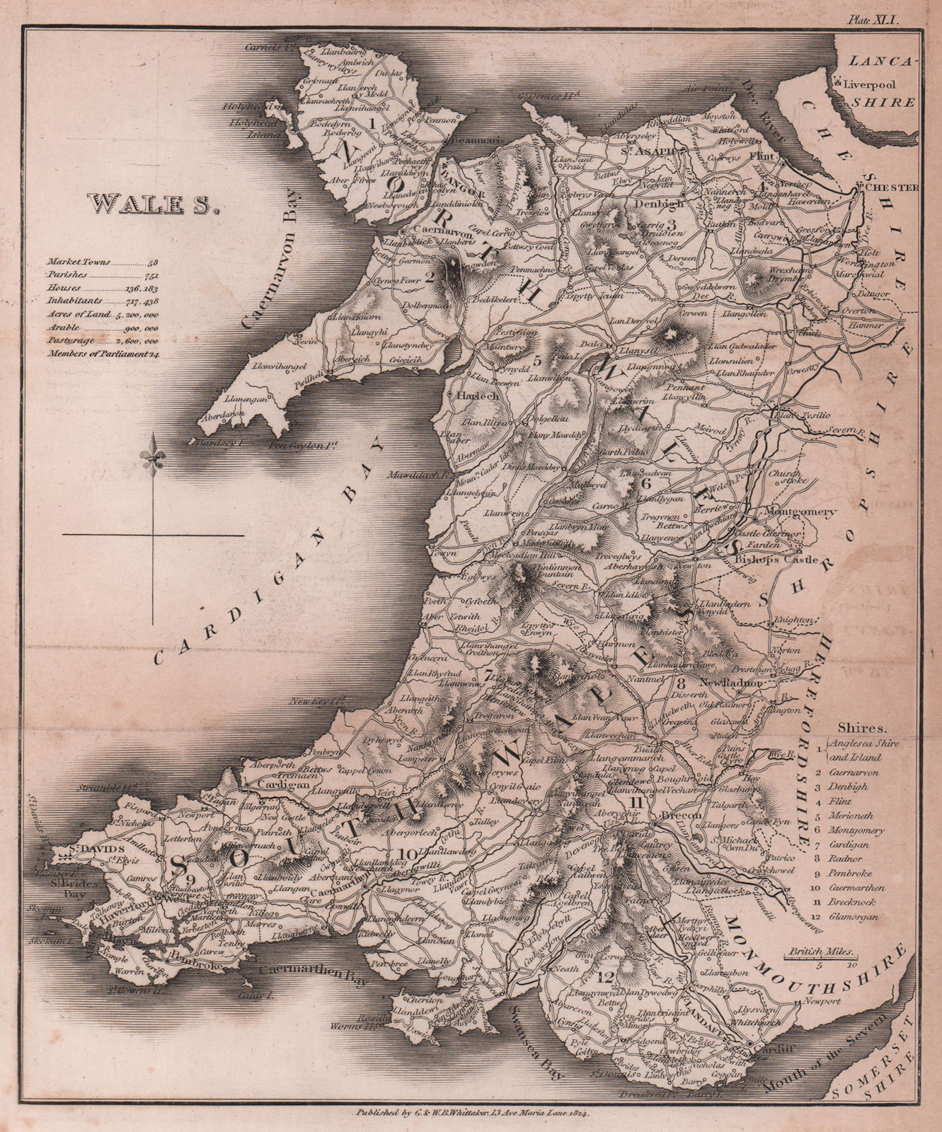 Wales antique copperplate map by Benjamin Pitts Capper 1825 old