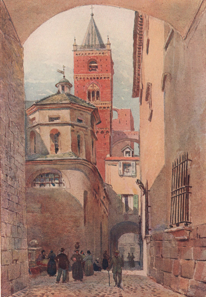 Albenga, Cathedral tower and baptistry by Montgomery Carmichael. Italy 1904